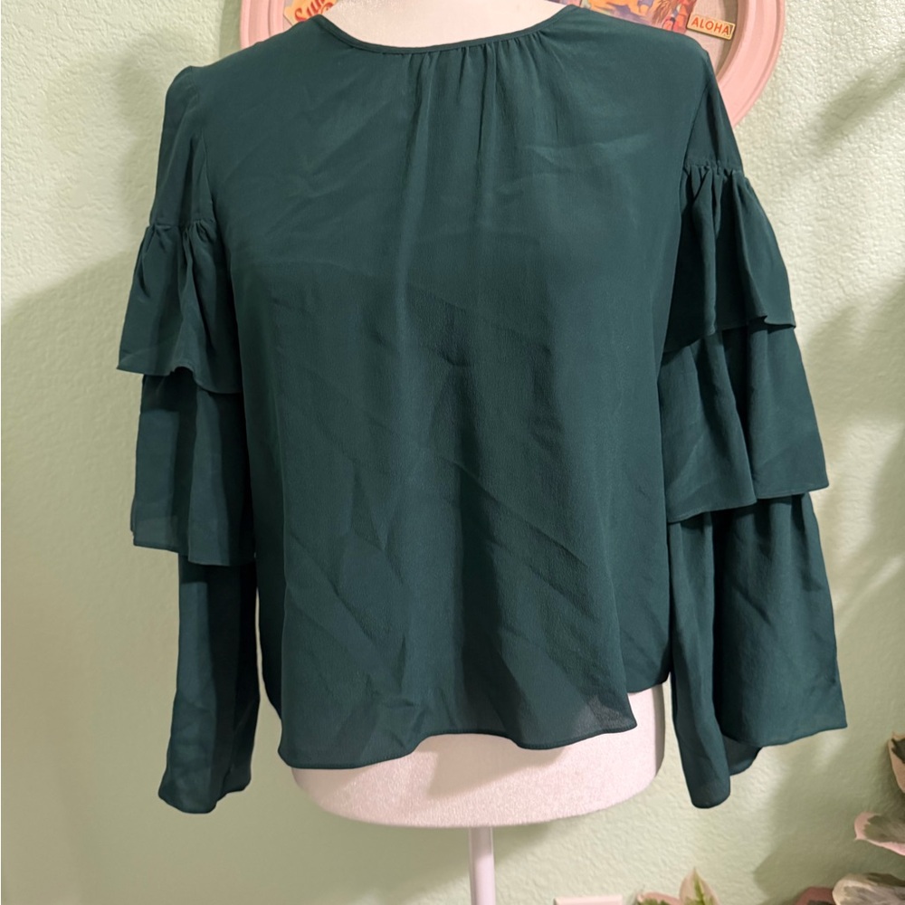 Madewell Silk Dark Green Ruffled Sleeve Womens Top